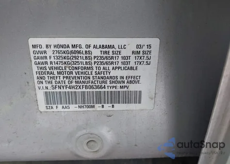 2015 Honda Pilot Lx from USA, damaged, VIN 5FNYF4H2XFB063664